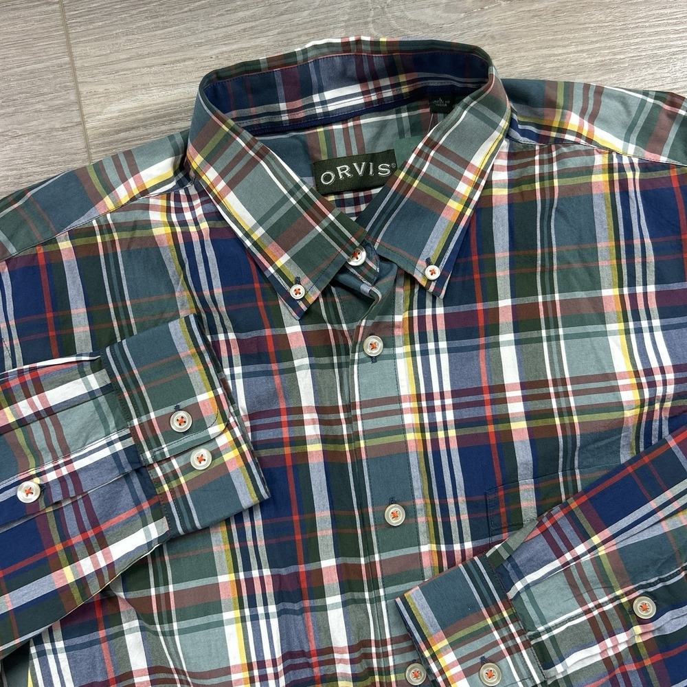 NWT Orvis Large Green Poplin Heritage Wash Plaid Long Sleeved Button Down